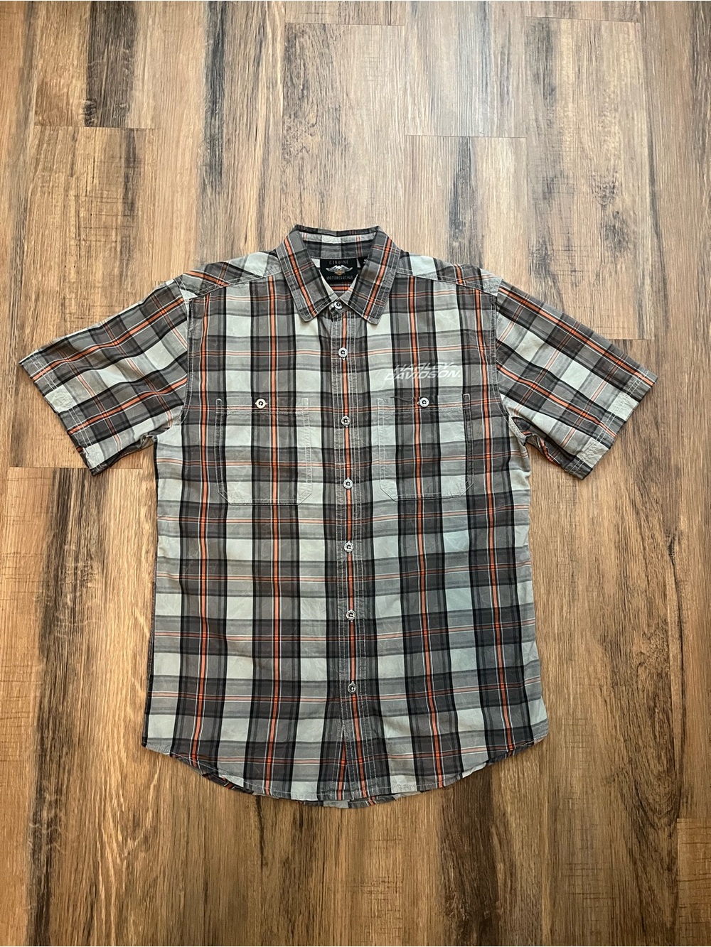 Harley-Davidson Men's Short Sleeve Plaid Button-Up Shirt Sz M Gray/Black/Orange
